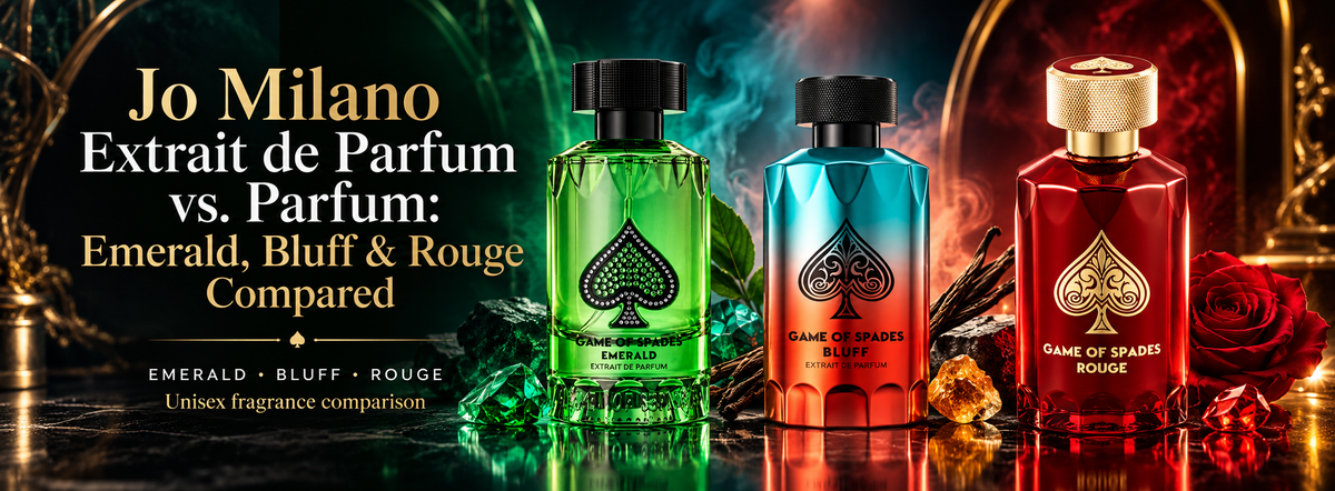 Jo Milano Extrait de Parfum vs. Parfum Emerald, Bluff & Rouge Compared