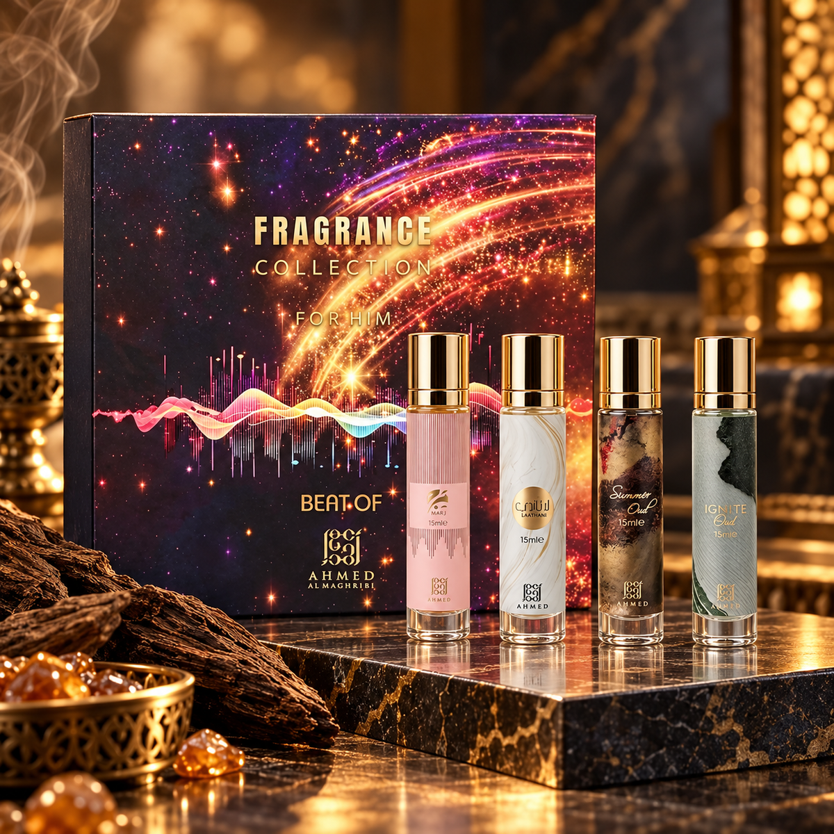 Ahmed Al Maghribi Fragrance Collection for Him Beat Marj, Laathani, Ignite Oud & Summer Oud 4-Piece Gift Set for Men