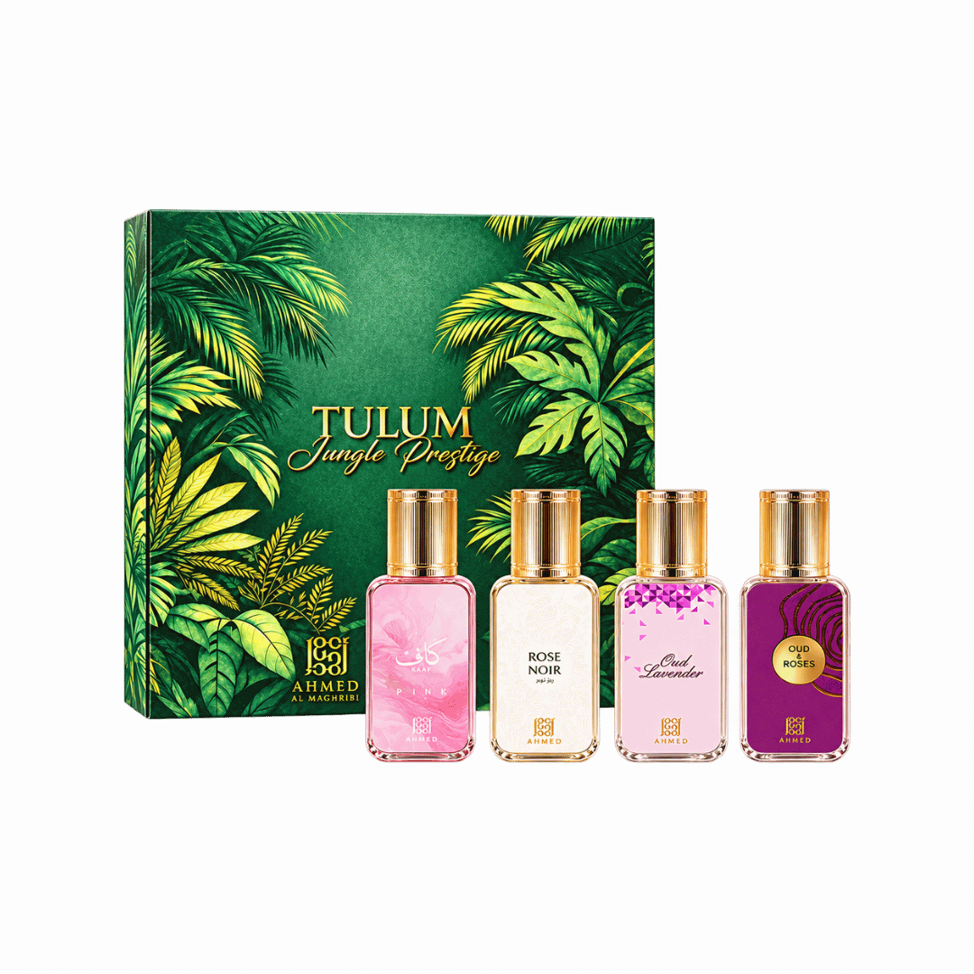 Ahmed Al Maghribi Tulum Jungle Prestige Oud & Roses, Rose Noir, Kaaf Pink and Oud Lavender 4-Piece Gift Set for Unisex