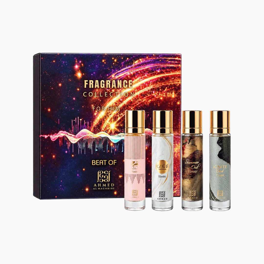 Ahmed Al Maghribi Fragrance Collection for Him Beat Marj, Laathani, Ignite Oud & Summer Oud 4-Piece Gift Set for Men