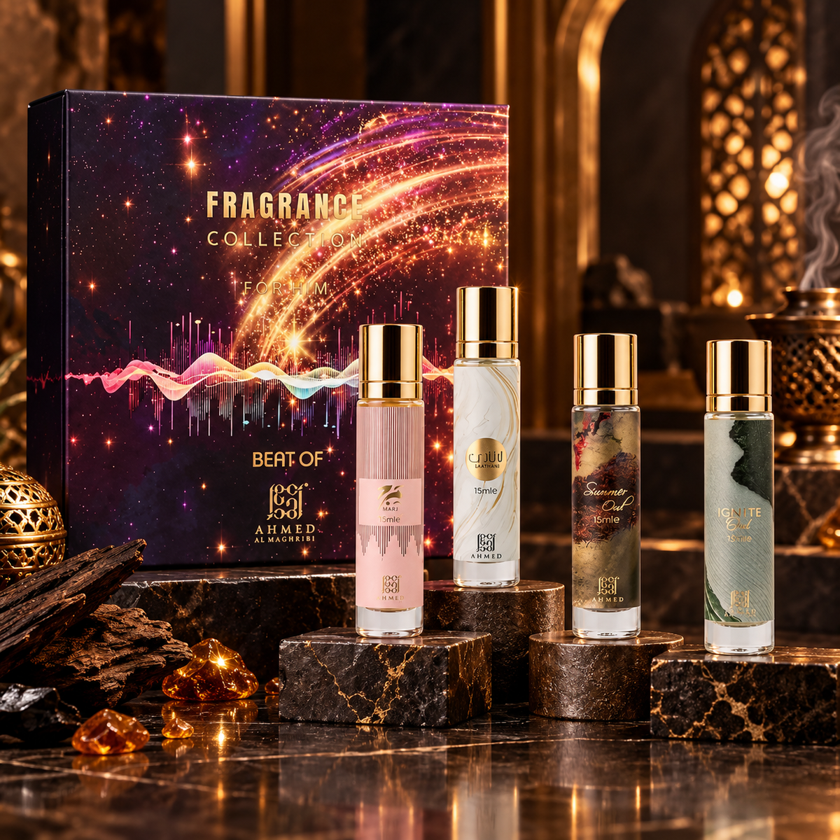 Ahmed Al Maghribi Fragrance Collection for Him Beat Marj, Laathani, Ignite Oud & Summer Oud 4-Piece Gift Set for Men