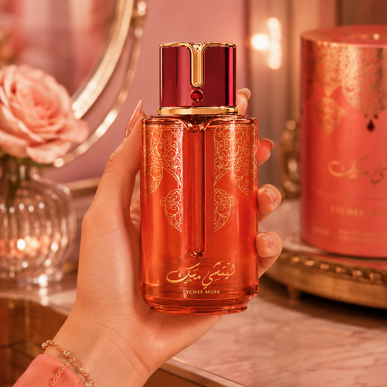 Hand holding Arabiyat Prestige Lychee Musk 3.4 oz Eau de Parfum bottle with coral packaging