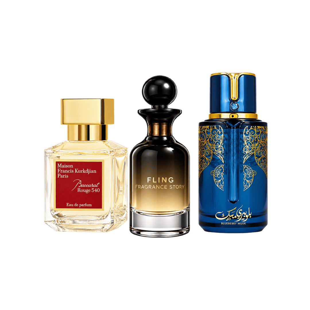Arabiyat Prestige Blueberry Musk + Baccarat Rouge White + Fragrance Story Fling 3-Piece Fragrance Bundle for Men
