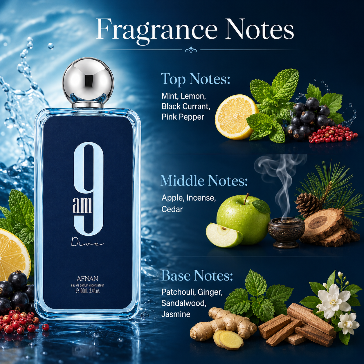 Afnan 9AM Dive Eau de Parfum Spray for Unisex, 3.4 Ounce