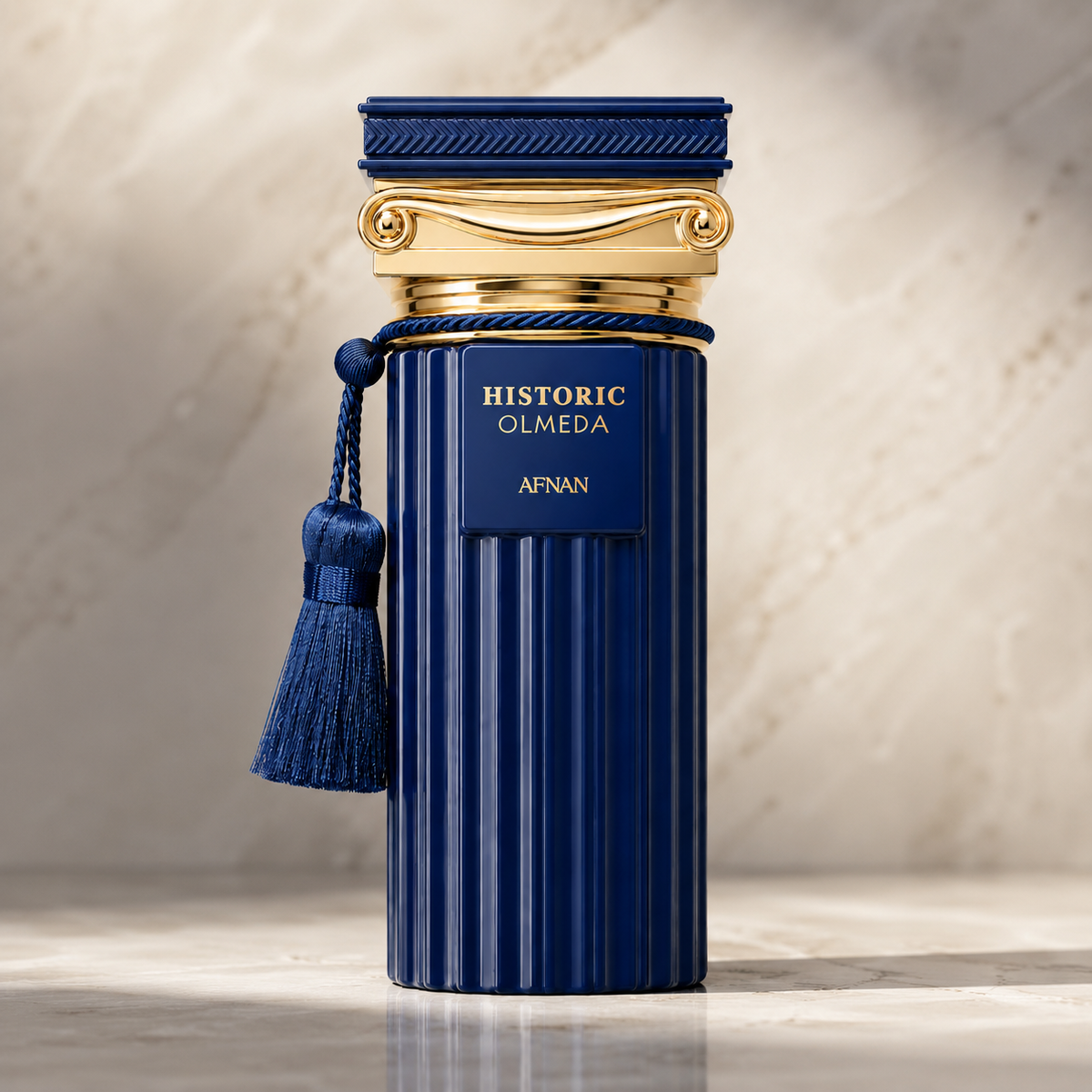 Close-up of Afnan Historic Olmeda Eau de Parfum bottle and design details