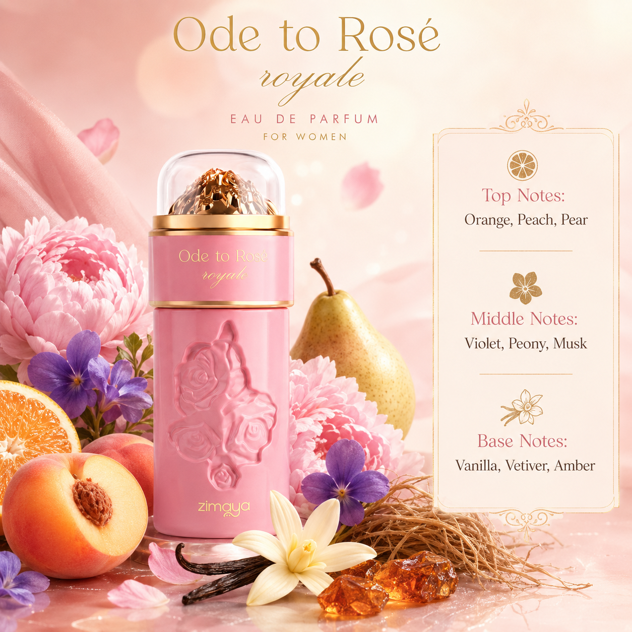 Zimaya Ode to Rose Royale Eau de Parfum Spray For Women, 3.4 Ounce