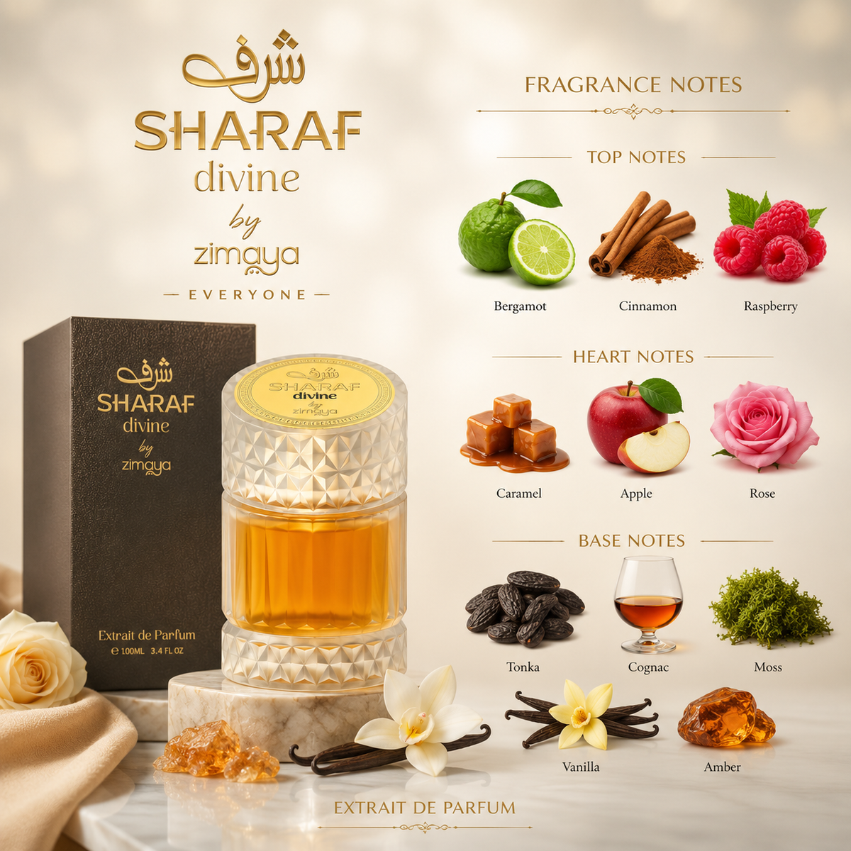 Afnan Zimaya Sharaf Divine Eau de Parfum in a warm indulgent lifestyle display