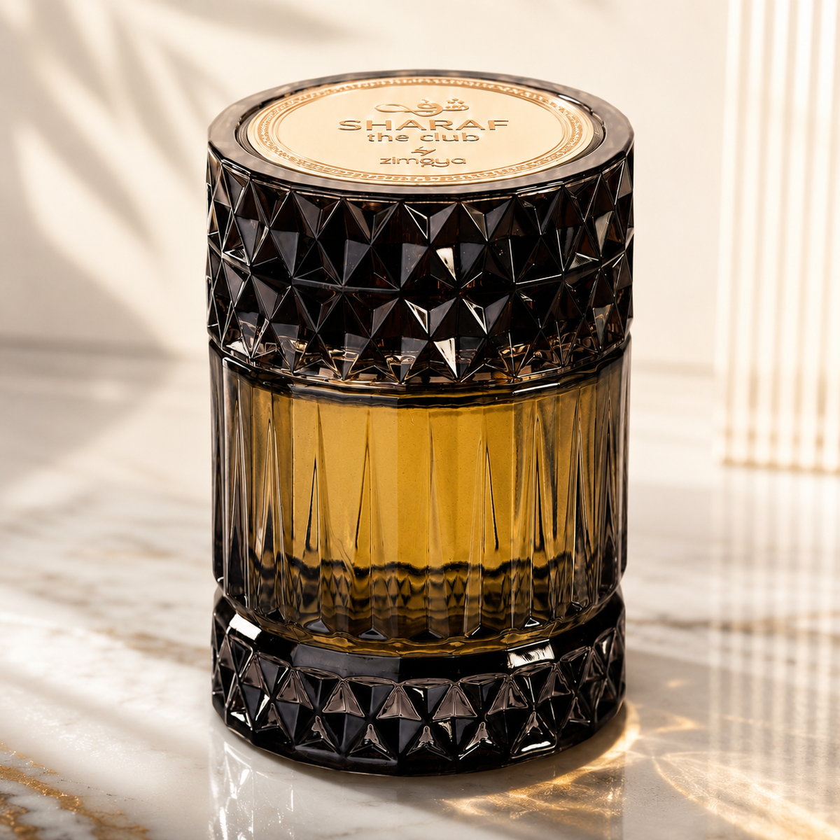 Close-up of Afnan Zimaya Sharaf The Club Eau de Parfum bottle and design details
