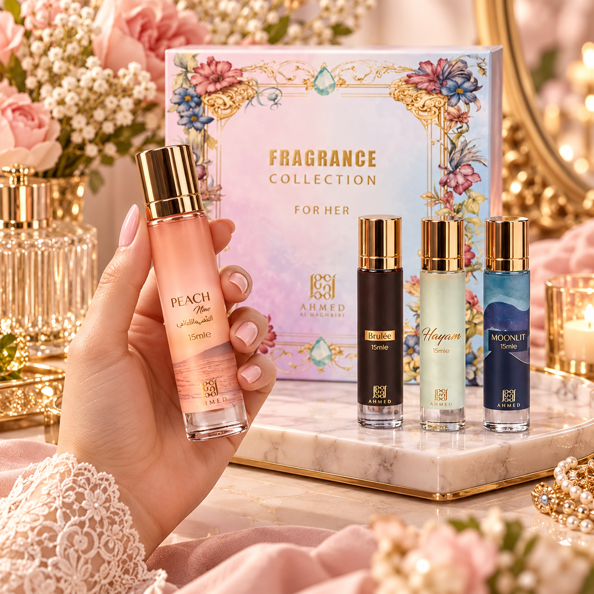 Ahmed Al Maghribi Fragrance Collection for Her Brulee, Peachy Peach, Moonlit & Hayana 4-Piece Gift Set for Women