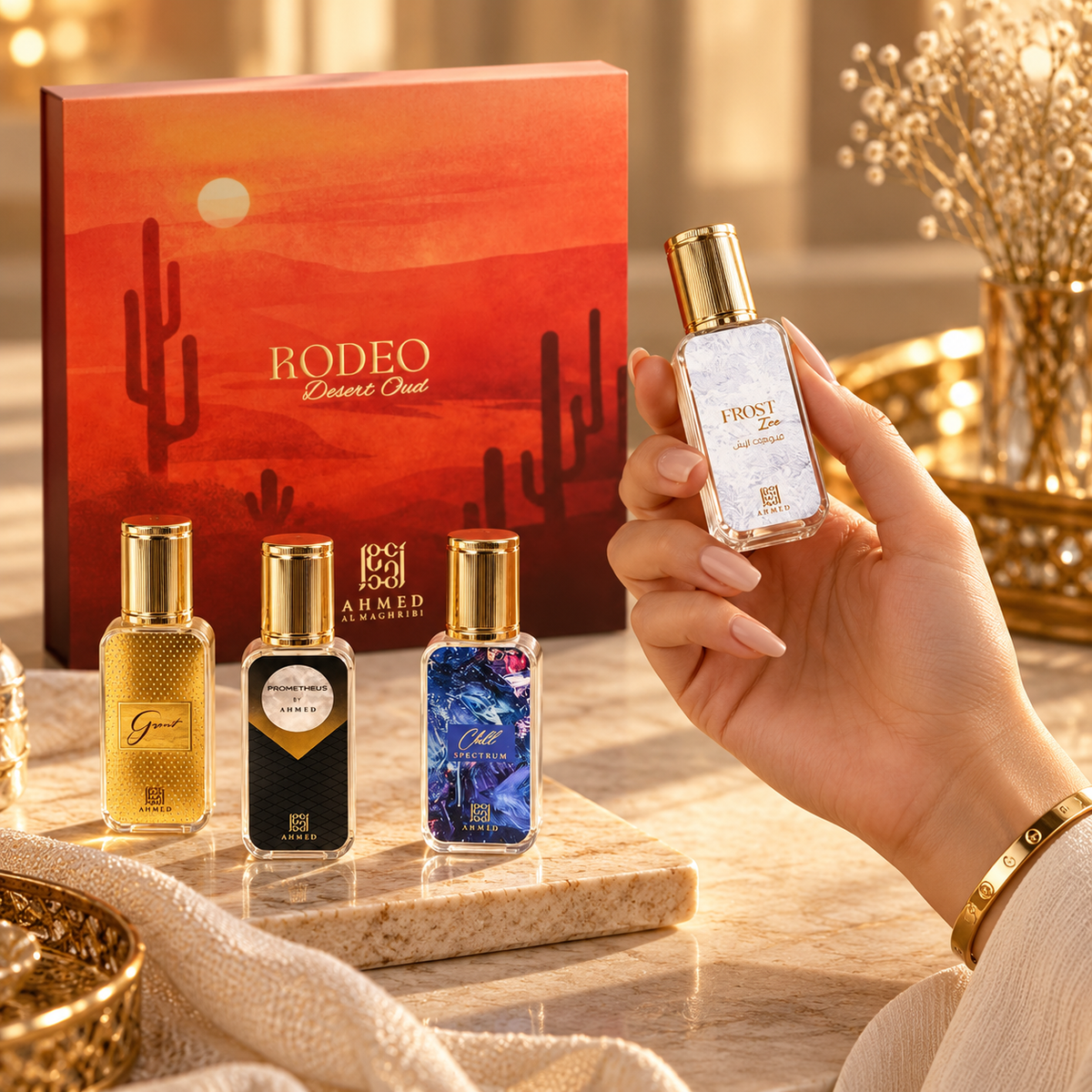 Ahmed Al Maghribi Rodeo Desert Oud Chill Spectrum, Garnet, Prometheus & Frost Ice 4-Piece Gift Set for Unisex