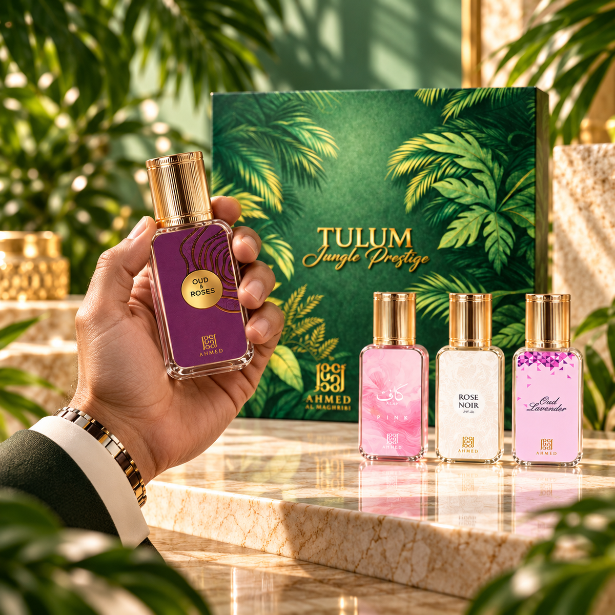 Ahmed Al Maghribi Tulum Jungle Prestige Oud & Roses, Rose Noir, Kaaf Pink and Oud Lavender 4-Piece Gift Set for Unisex