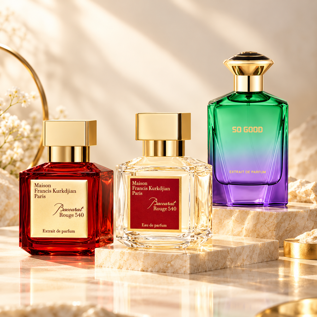 Amber and floral perfume bottles, bundle detail