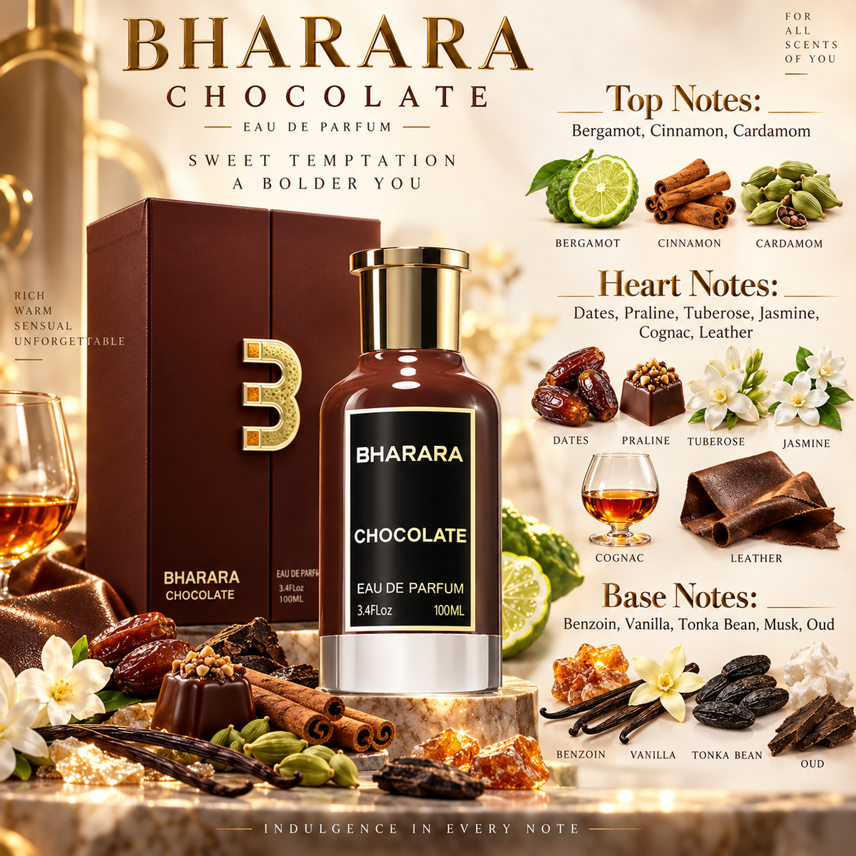 Bharara Chocolate Eau de Parfum for Unisex, 3.4 Ounce