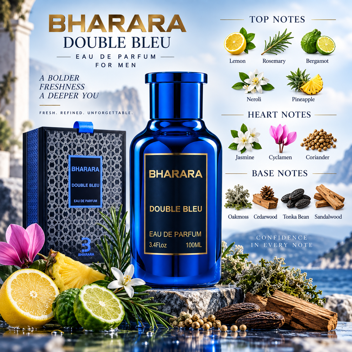 Bharara Double Bleu Eau de Parfum for Men, 3.4 Ounce