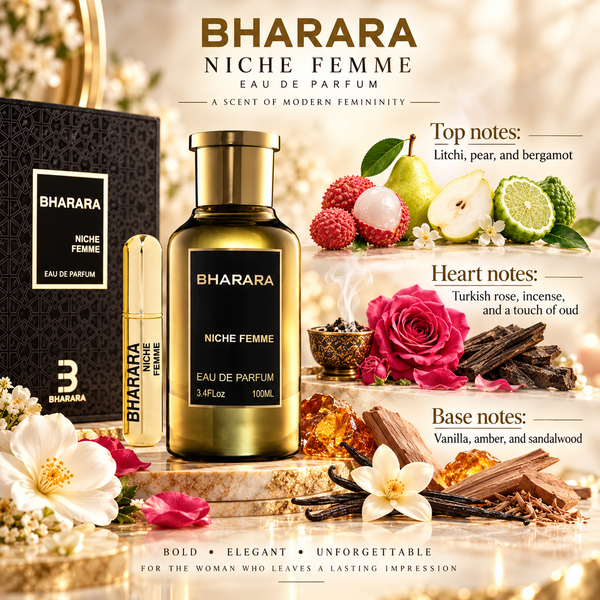 Bharara Niche Femme Eau de Parfum for Women, 3.4 Ounce