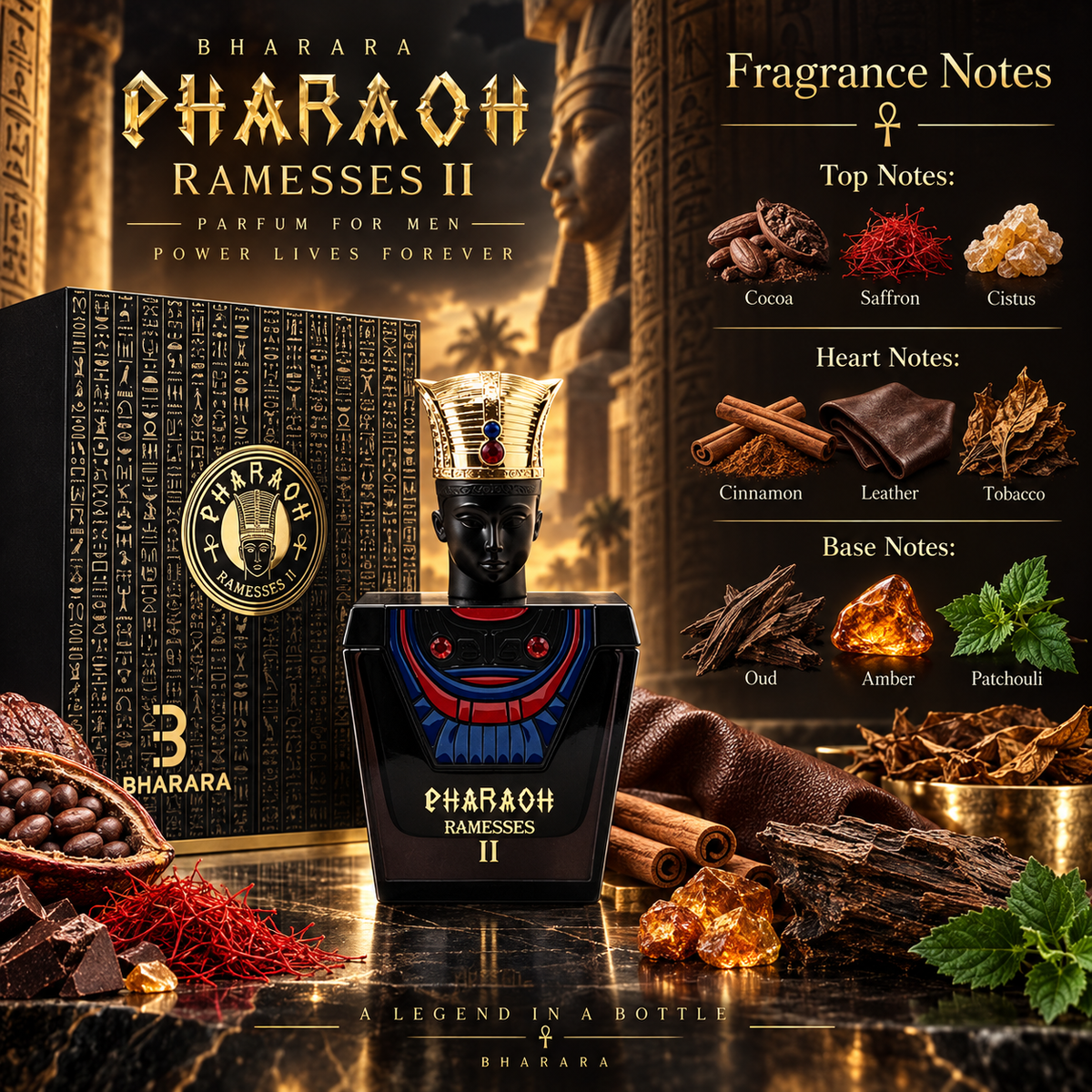 Bharara Pharaoh Ramesses II Parfum for Men, 3.4 Ounce