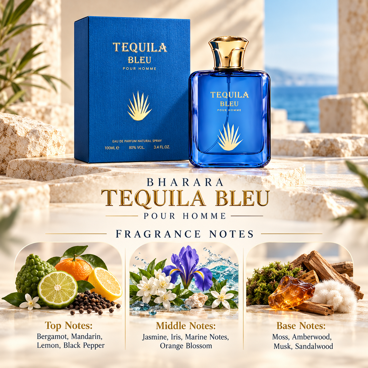 Bharara Tequila Bleu Pour Homme Eau de Parfum for Men 3.3 Ounce