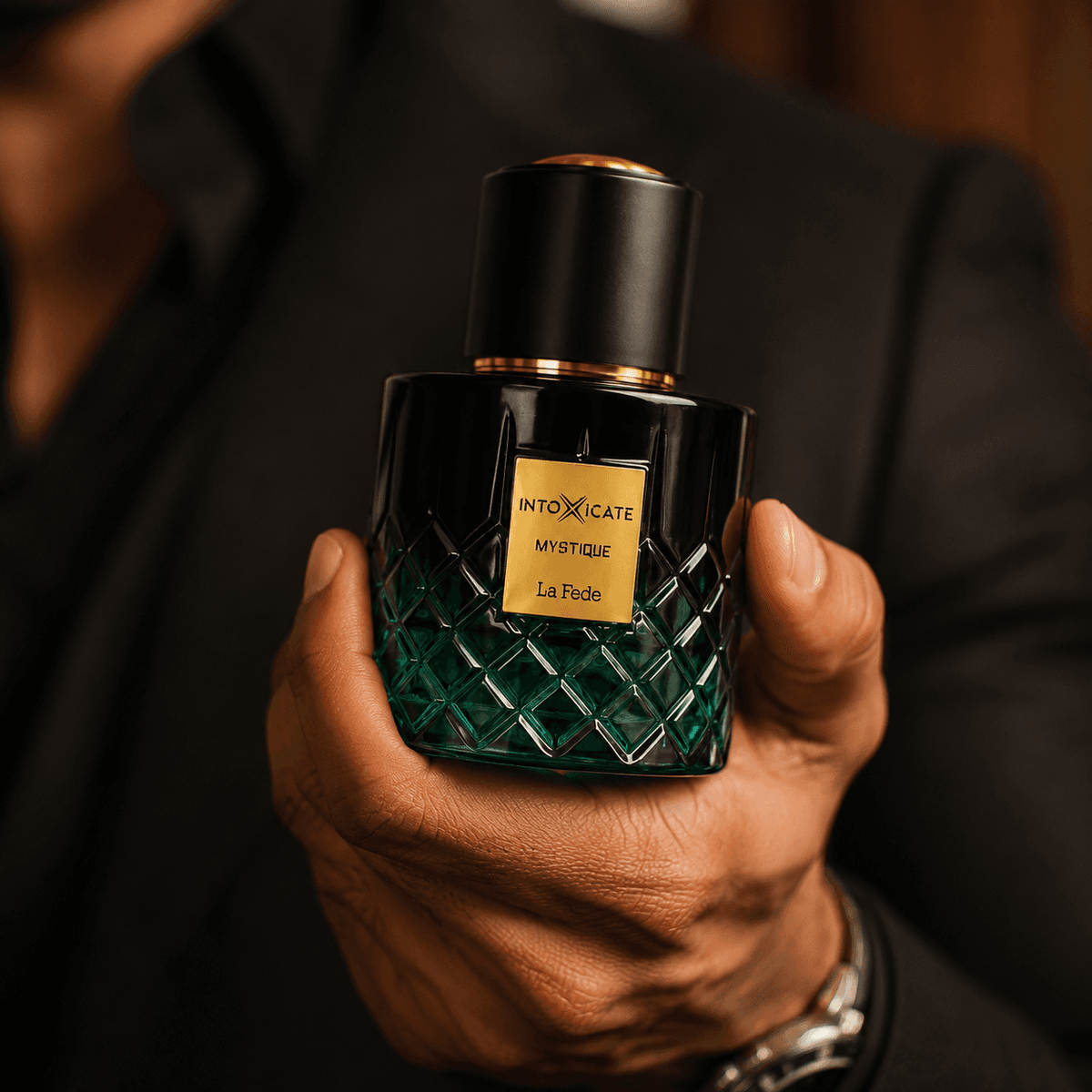 Khadlaj La Fede Intoxicate Mystique men's perfume in a warm woody fragrance setting