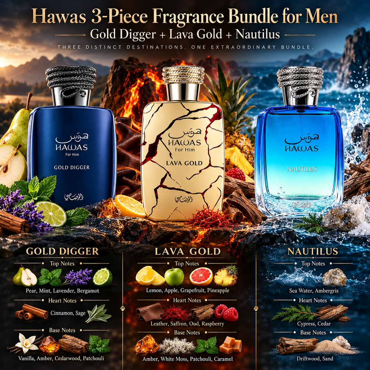 Hawas Gold Digger + Hawas Lava Gold + Hawas Nautilus 3-Piece Fragrance Bundle for Men