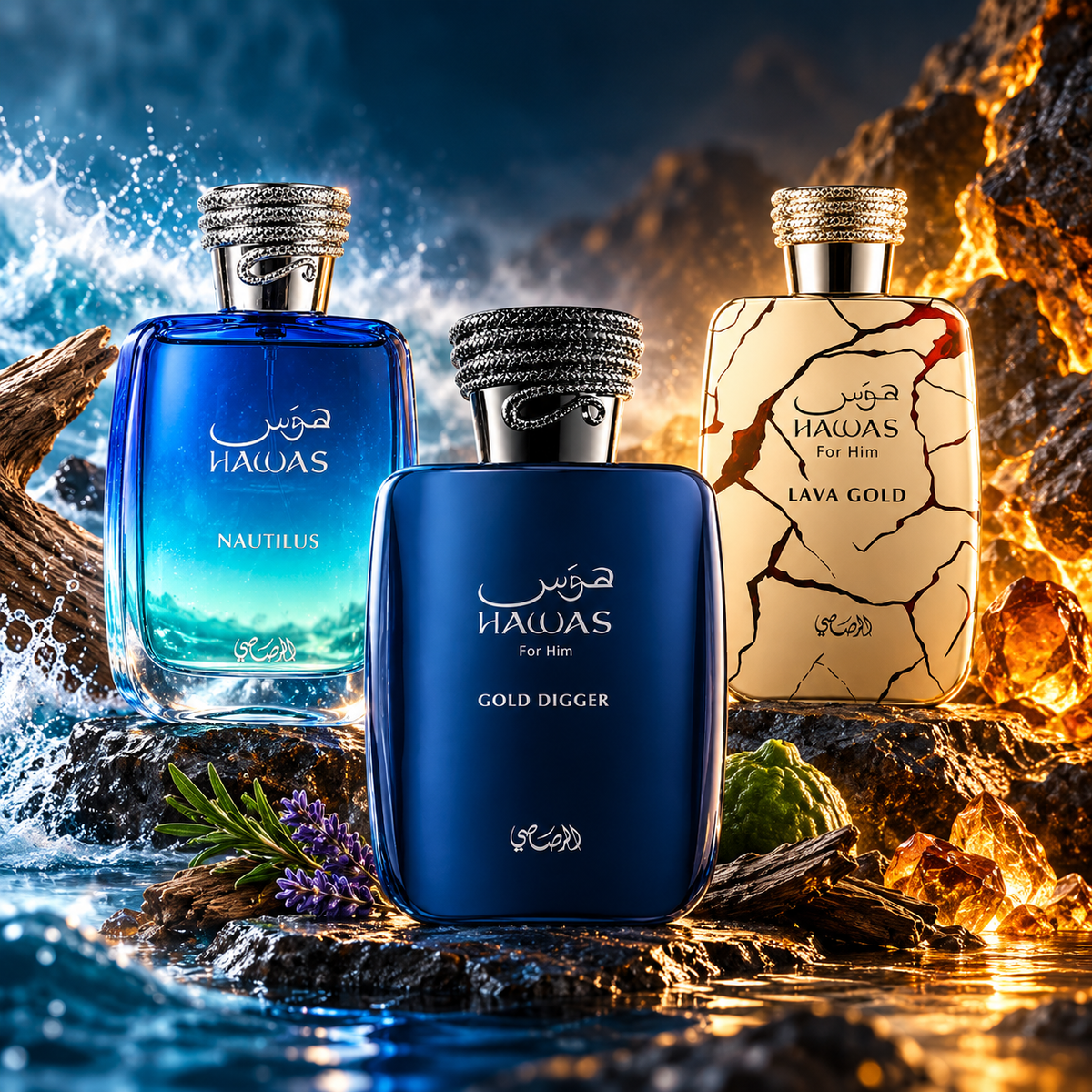 Hawas Gold Digger + Hawas Lava Gold + Hawas Nautilus 3-Piece Fragrance Bundle for Men