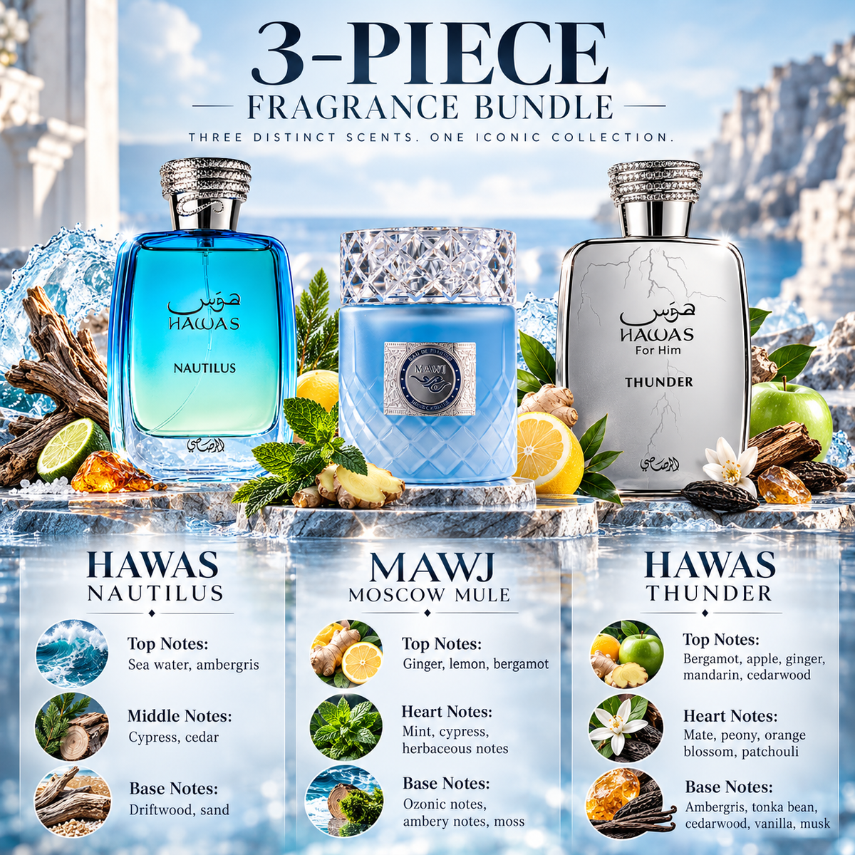 Hawas Nautilus + Hawas Thunder + MAWJ Moscow Mule 3-Piece Fragrance Bundle for Men