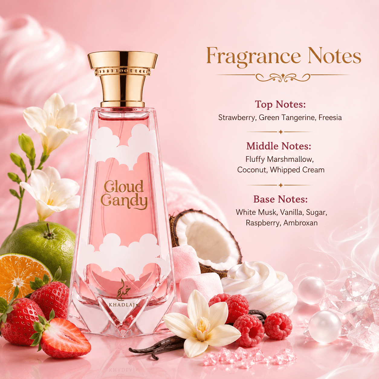 Khadlaj Cloud Candy Extrait de Parfum in a soft candy-inspired lifestyle display
