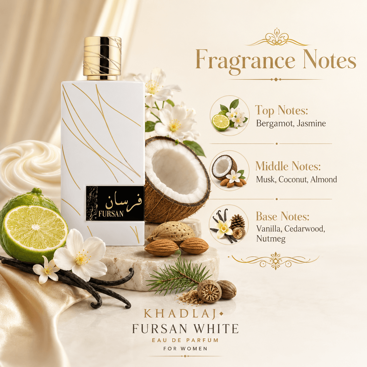 Khadlaj Fursan White Eau de Parfum in an elegant feminine lifestyle display