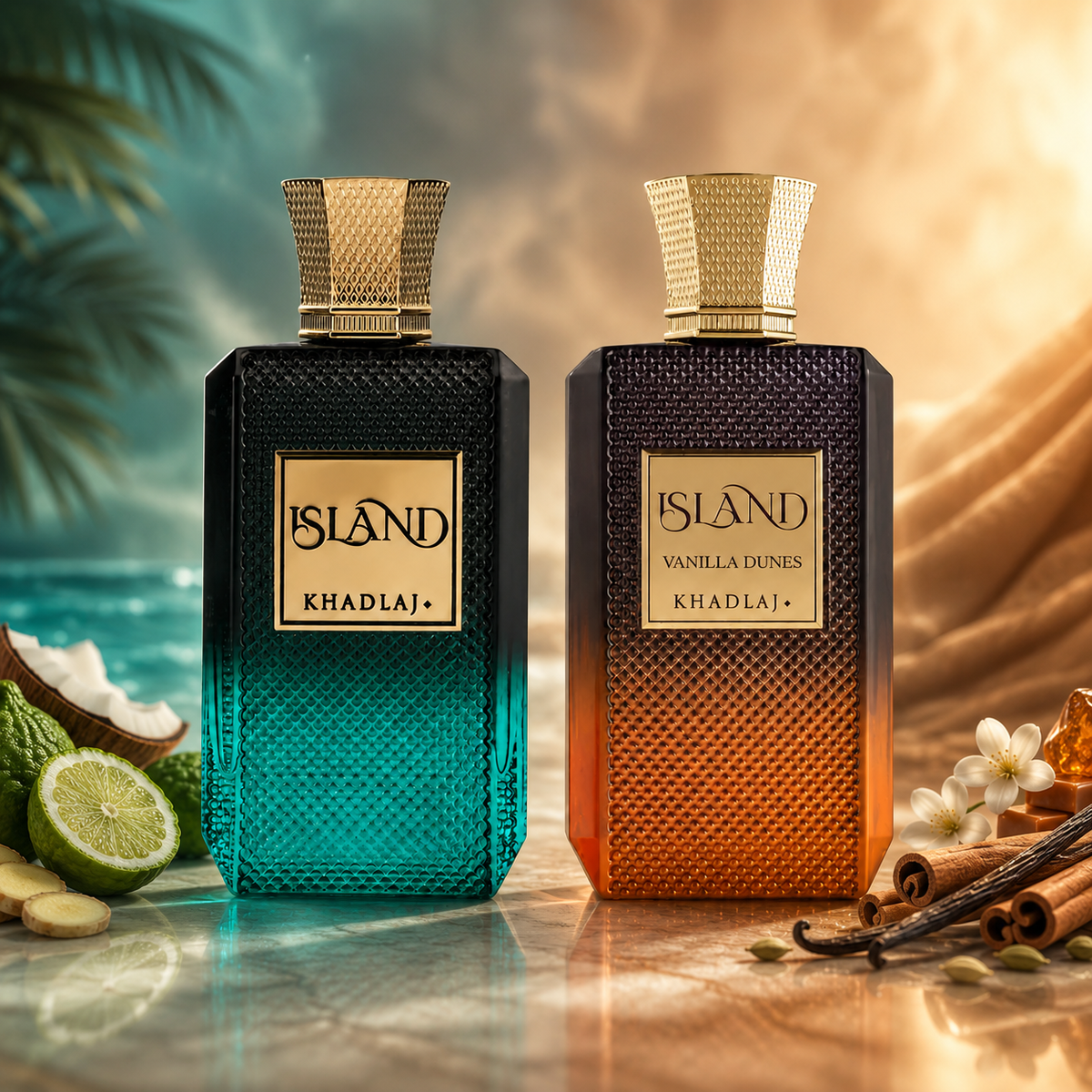 Khadlaj Island 2 Piece Bundle Set (Khadlaj Island Extrait De Parfum, 3.4 Ounce & Khadlaj Island Vanilla Dunes Extrait de Parfum Spray, 3.4 Ounce)
