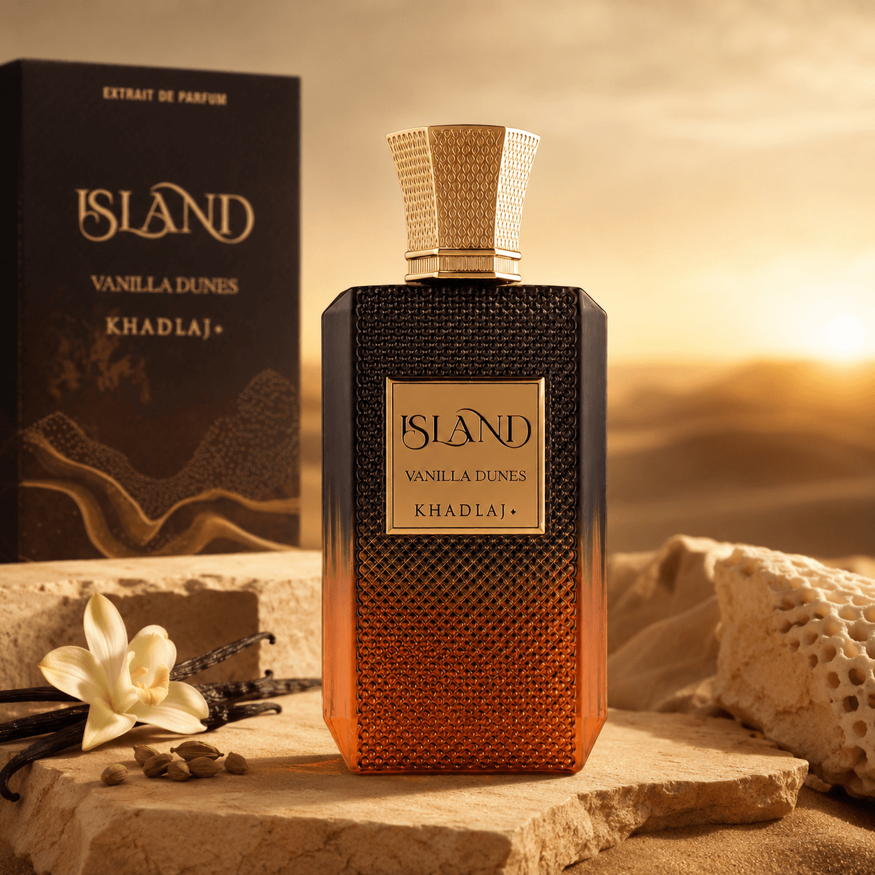 Khadlaj Island Vanilla Dunes fragrance styled with vanilla, praline and amber accents