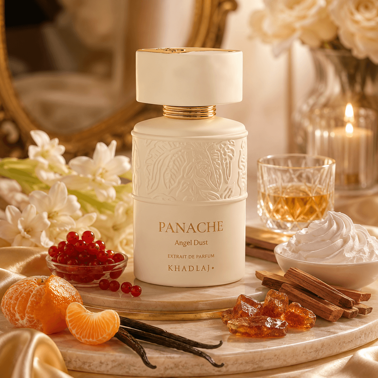 Khadlaj Panache Angel Dust fragrance styled with vanilla, rum and whipped cream accents