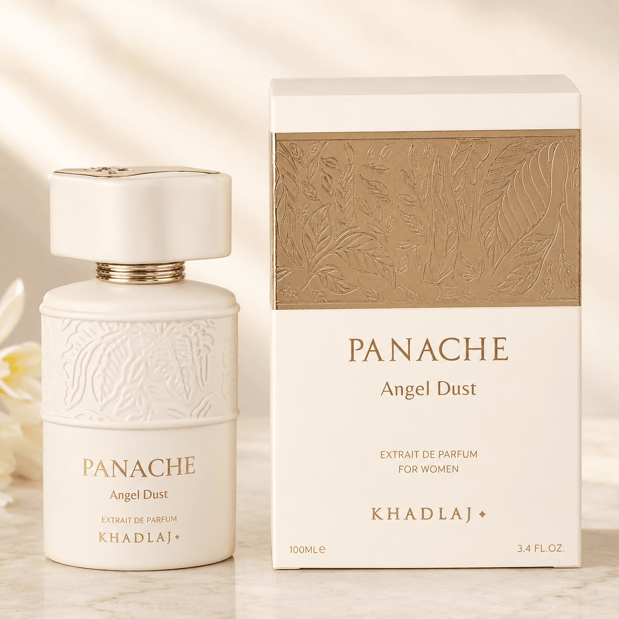 Close-up of Khadlaj Panache Angel Dust Extrait de Parfum bottle and design details