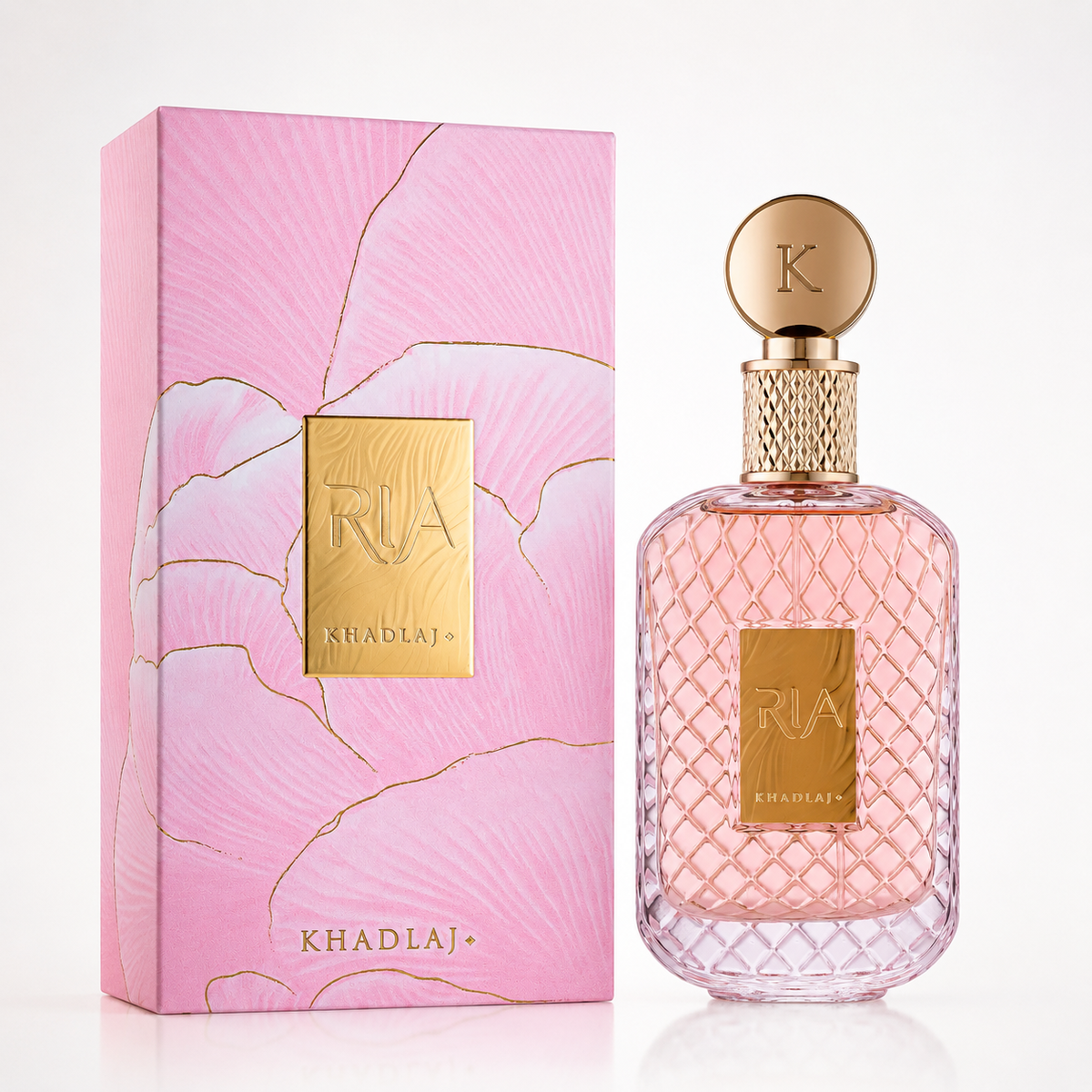 Close-up of Khadlaj Ria Eau de Parfum bottle and design details