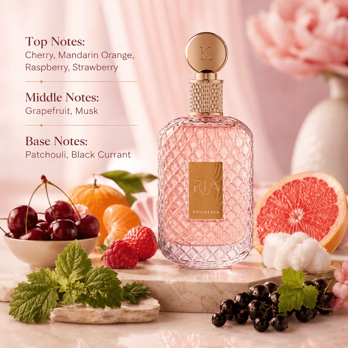 Khadlaj Ria Eau de Parfum in a bright playful feminine lifestyle display