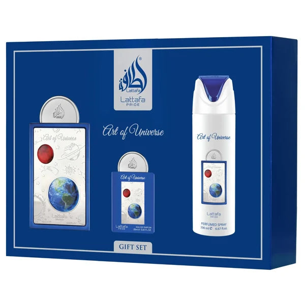 Lattafa Art of Universe Gift Set 3 PC SET (100 ML + 20 ML + 200 ML Body Spray) For Unisex