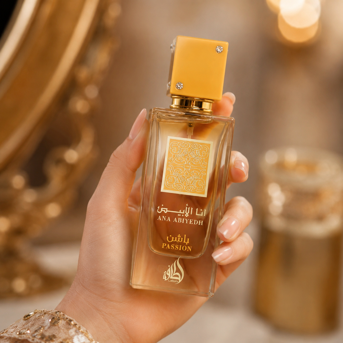 Lattafa Ana Abiyedh Passion women's Arabian perfume in a sweet gourmand fragrance setting
