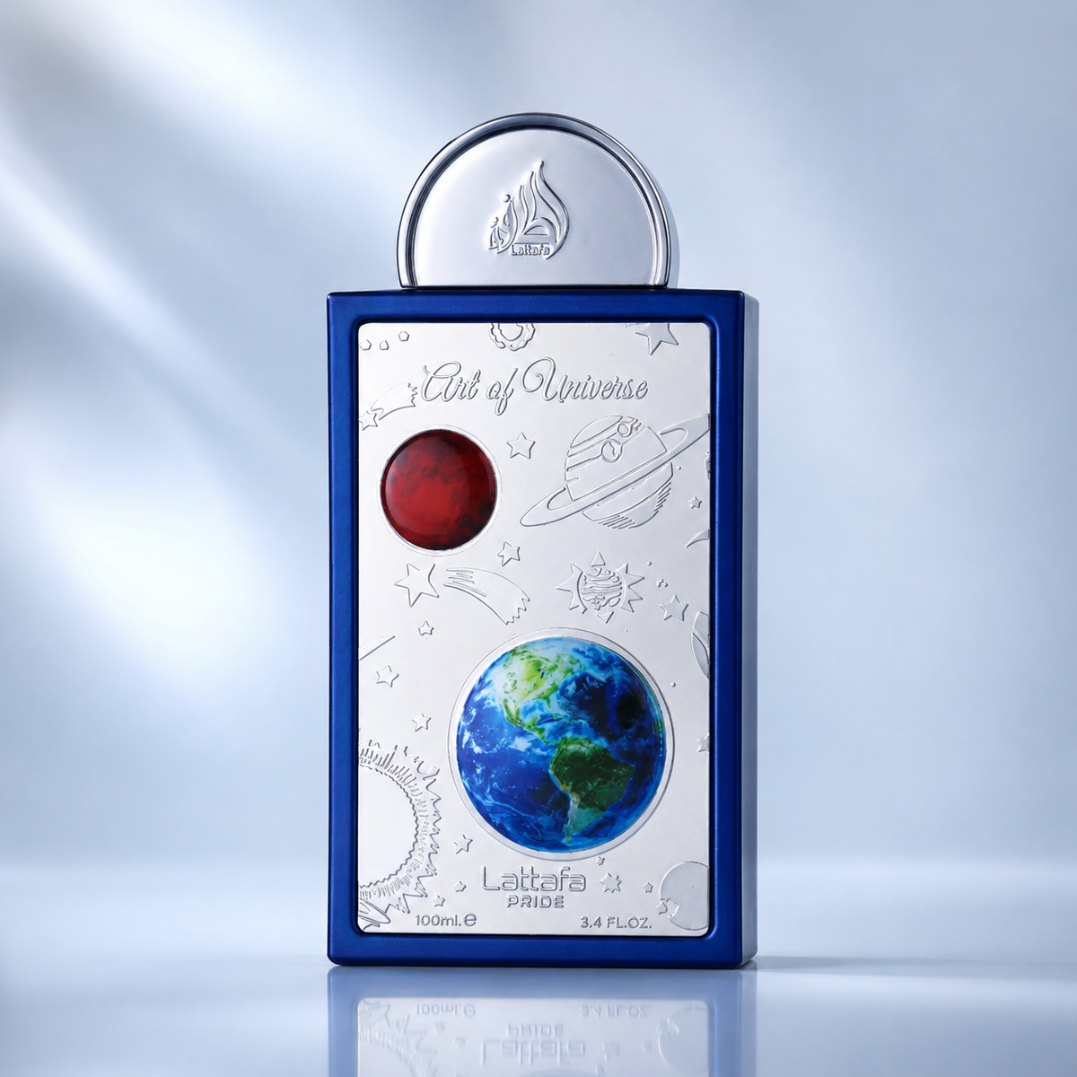 Close-up of Lattafa Art of Universe 3 Piece Gift Set Lattafa gift set packaging and fragrance products
