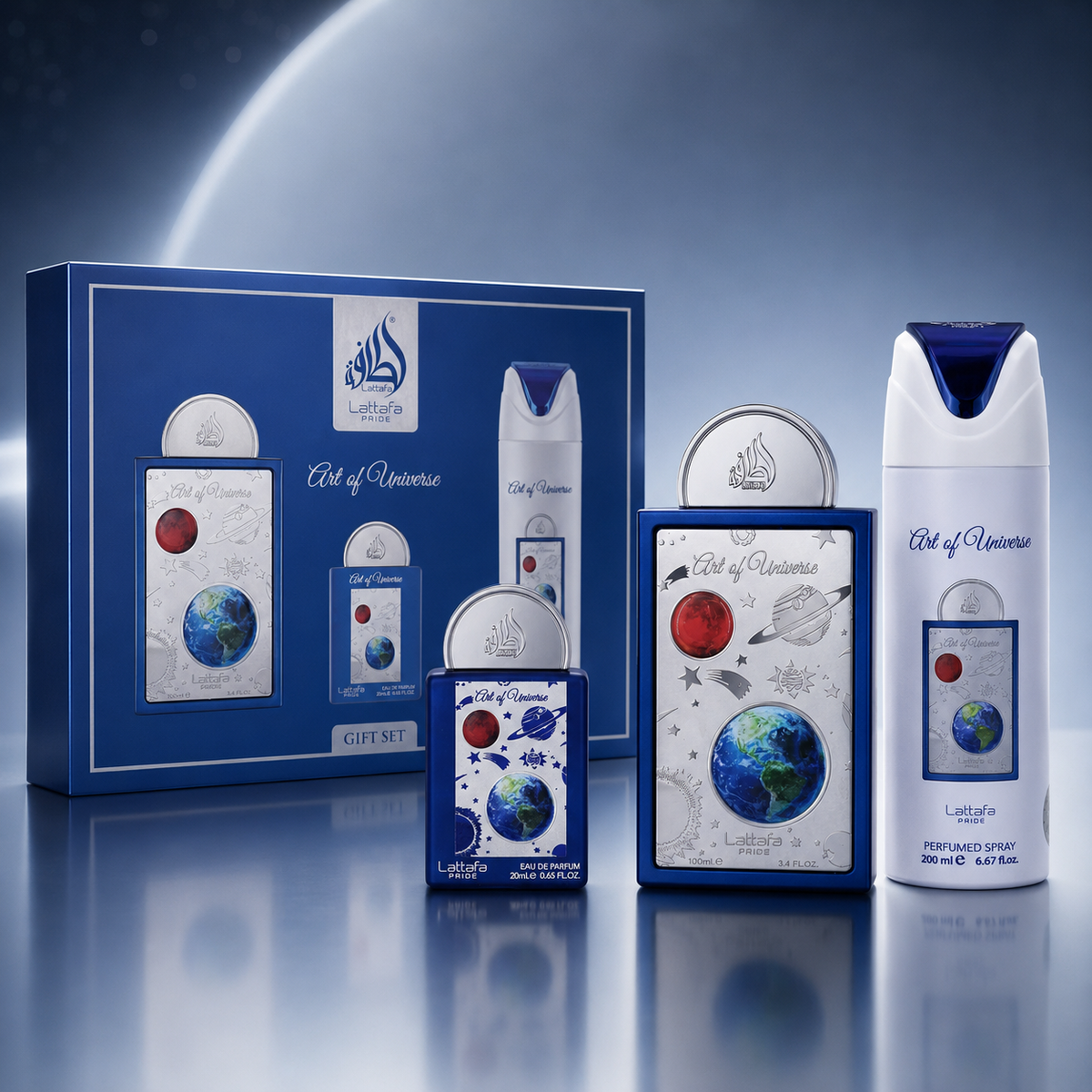 Lattafa Art of Universe 3 Piece Gift Set Arabian fragrance gift set styled with Mandarin, Pear and Cedarwood accents
