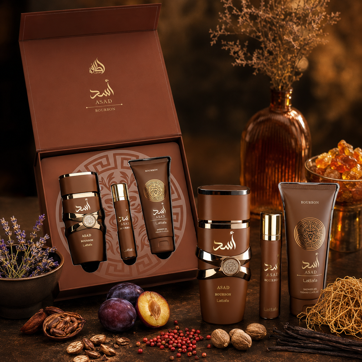Lattafa Asad Bourbon 3 Piece Gift Set Arabian fragrance gift set styled with Pink Pepper, Cacao and Vetiver accents