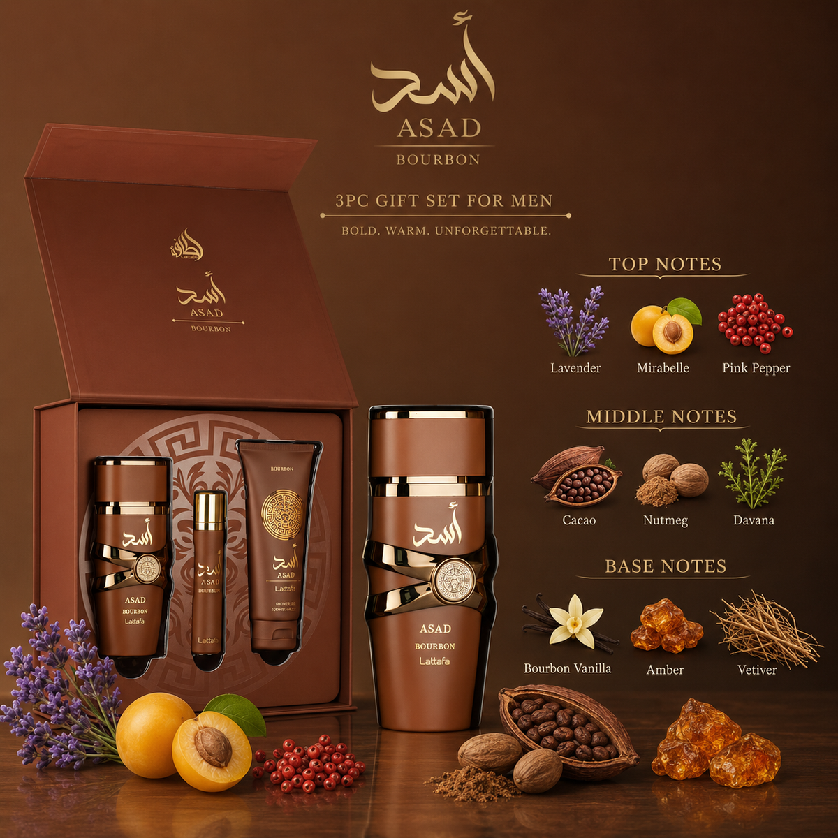 Lattafa Asad Bourbon 3 Piece Gift Set men's Arabian perfume gift set in a luxury fragrance setting