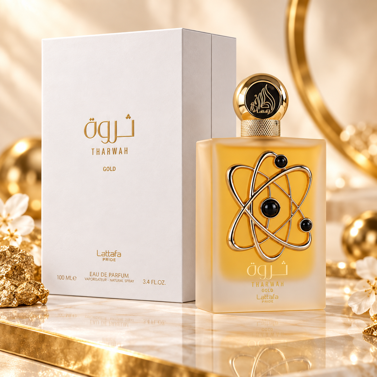 Lattafa Tharwah Gold Eau de Parfum for Women, 3.4 Ounce