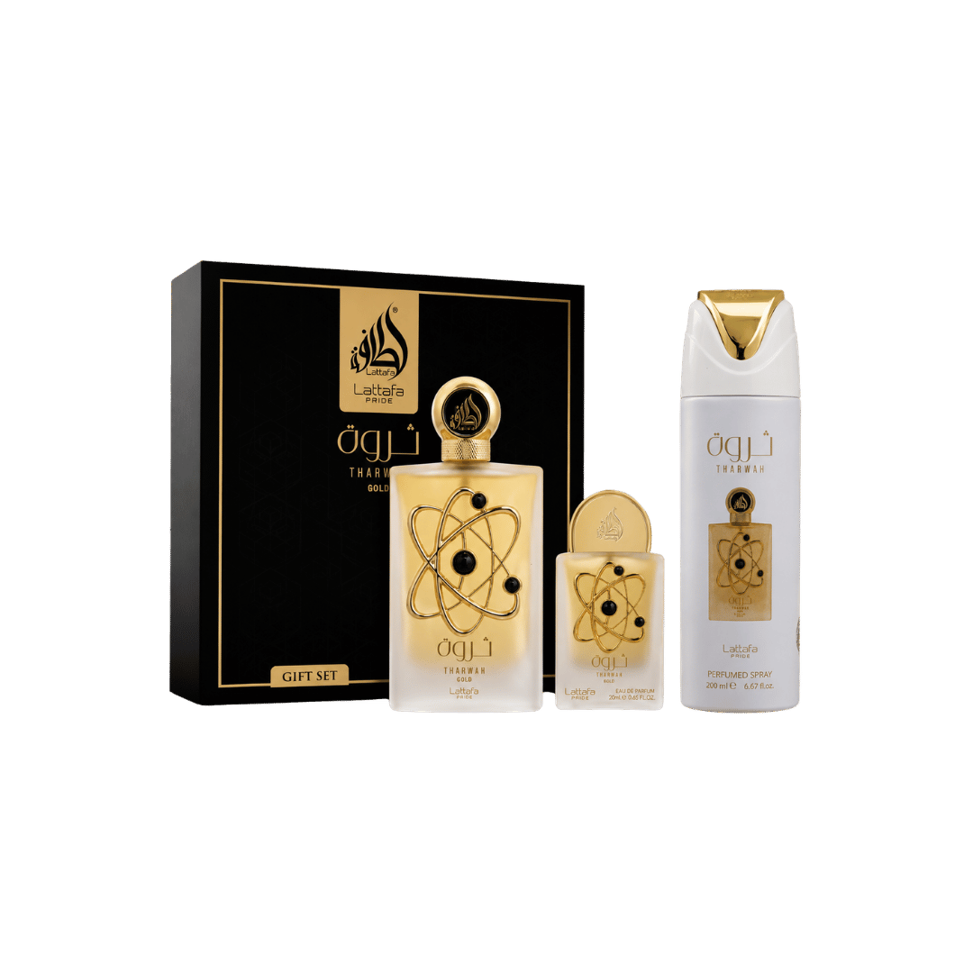 Lattafa Tharwah Gold Gift (3 Pcs Set 100 ML EDP + 20 ML EDP + 200 ML Body Spray) For Women