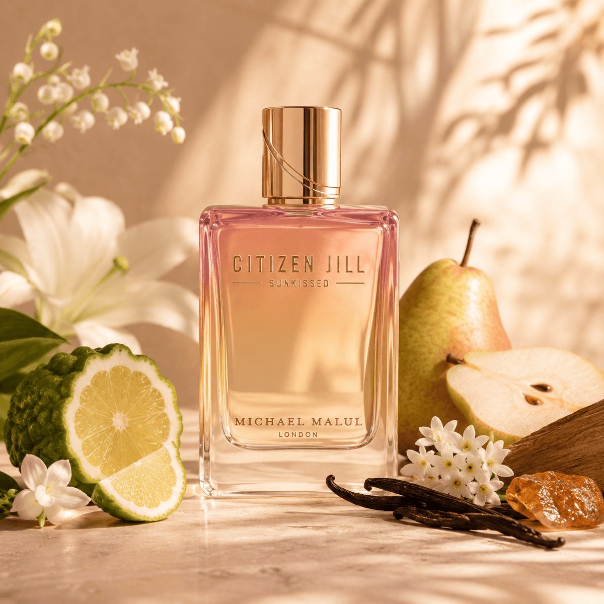 Close-up of Michael Malul Citizen Jill Sunkissed Eau de Parfum bottle and design details