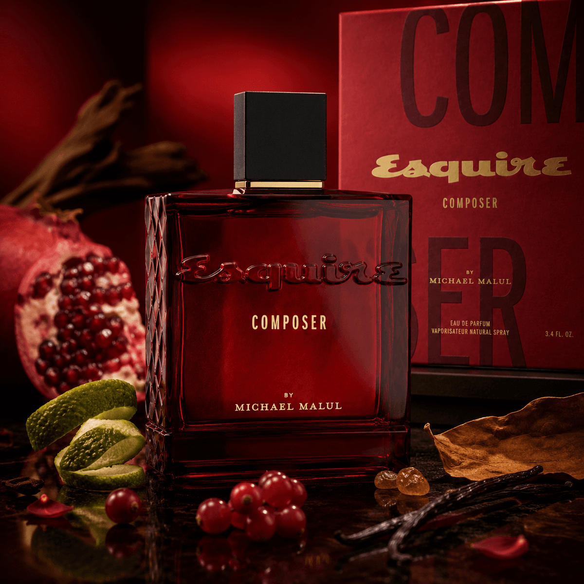 Michael Malul Esquire Composer men's fragrance styled in a refined tobacco vanilla presentation