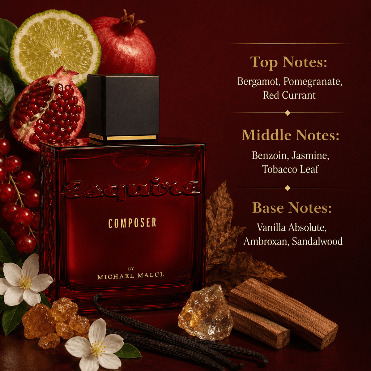 Michael Malul Esquire Composer Eau de Parfum in a sophisticated evening lifestyle display