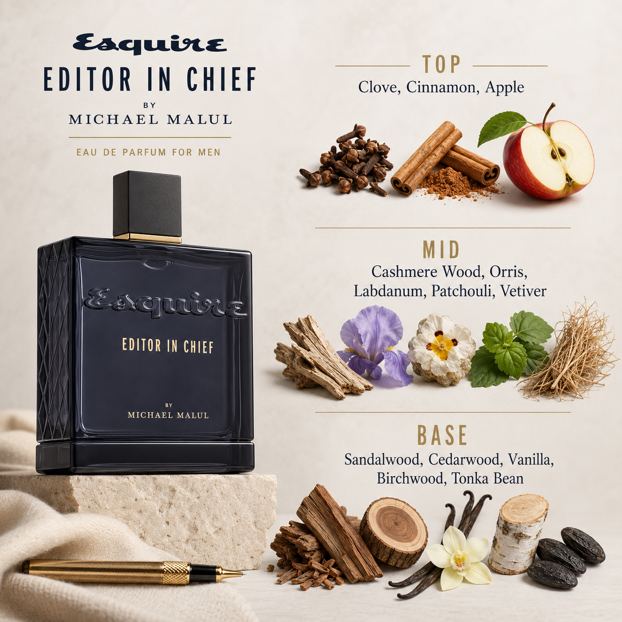 Michael Malul Esquire Editor In Chief Eau de Parfum in an elegant evening lifestyle display