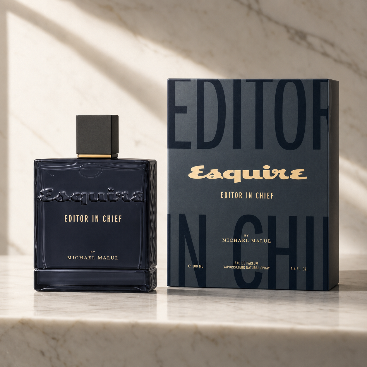 Close-up of Michael Malul Esquire Editor In Chief Eau de Parfum bottle and label details