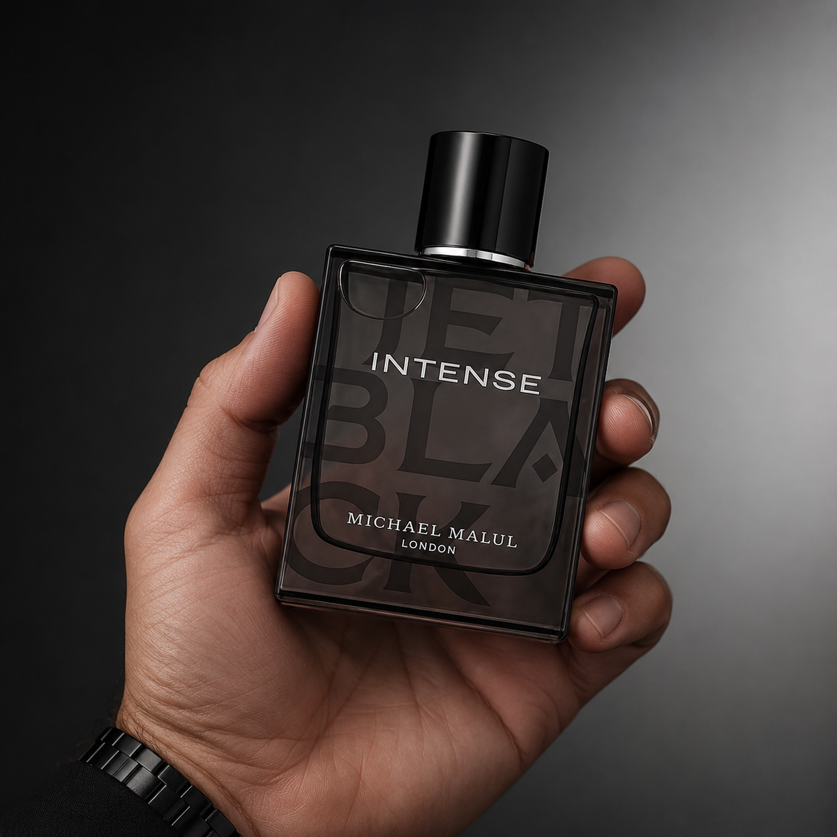 Michael Malul Jet Black Intense men's perfume in a bold green aromatic fragrance setting