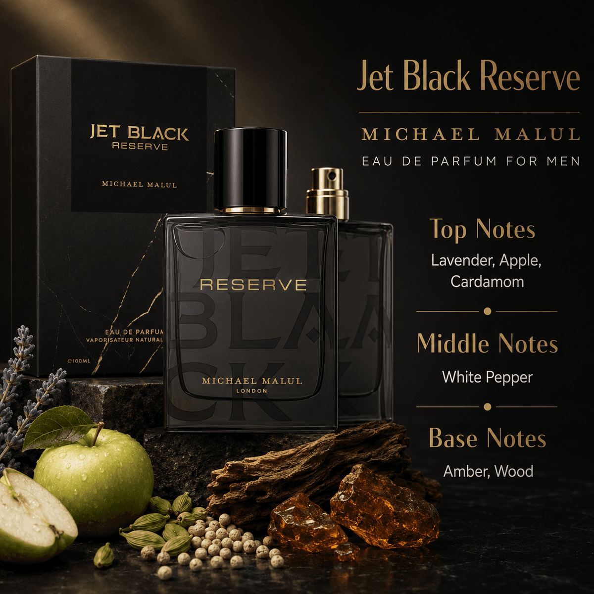 Michael Malul Jet Black Reserve Eau de Parfum in a confident evening lifestyle display