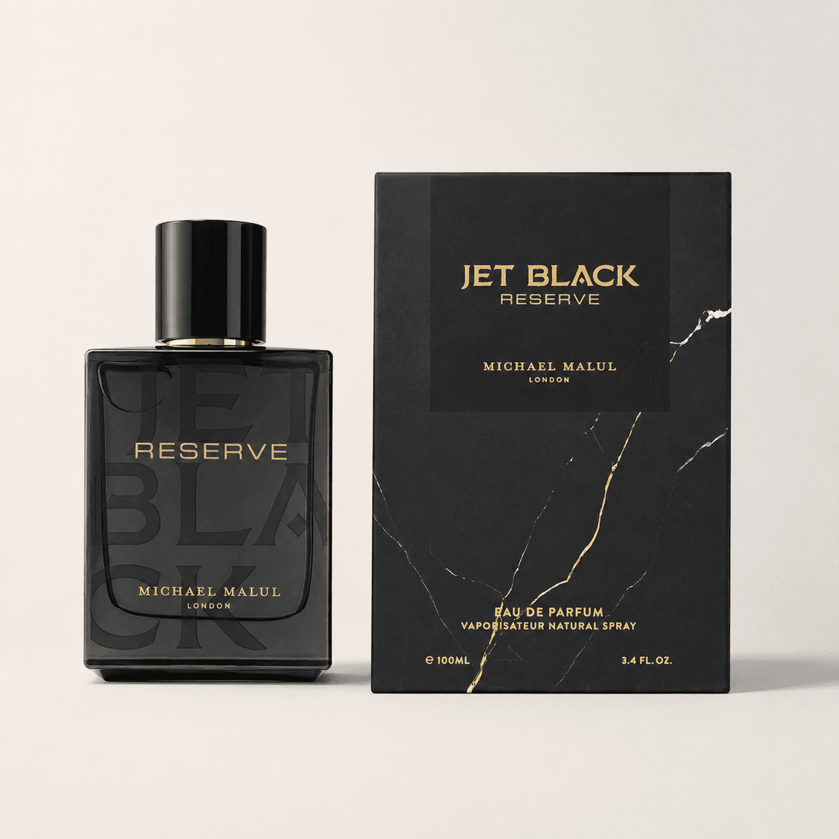 Close-up of Michael Malul Jet Black Reserve Eau de Parfum bottle and design details