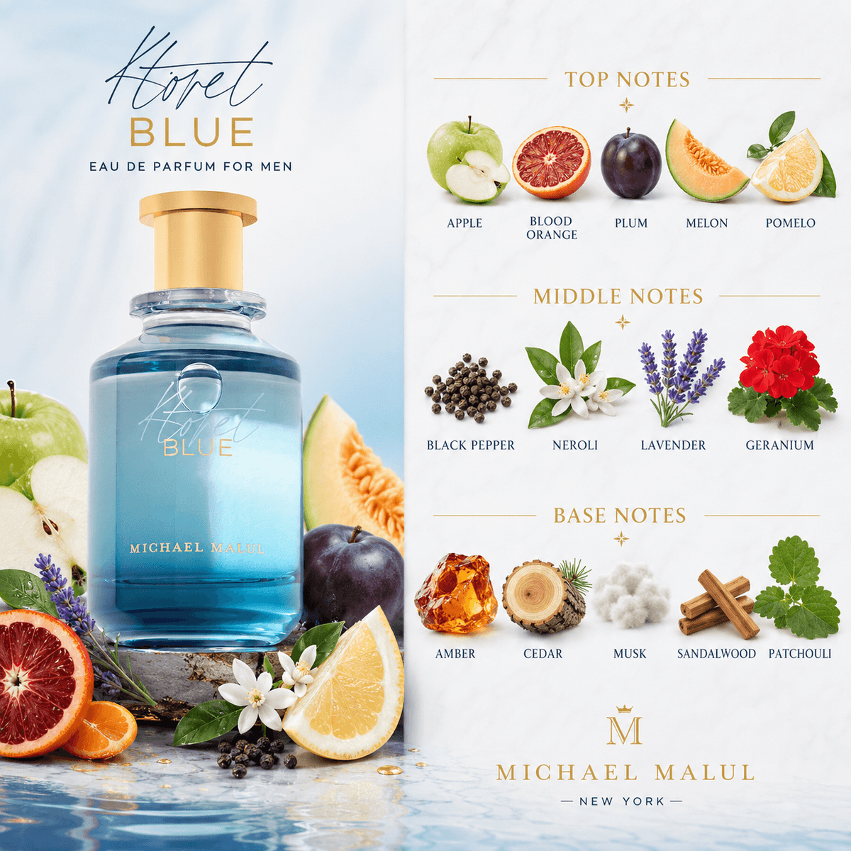 Michael Malul Ktoret 140 Blue fragrance notes with apple, blood orange, neroli, lavender, cedar and sandalwood